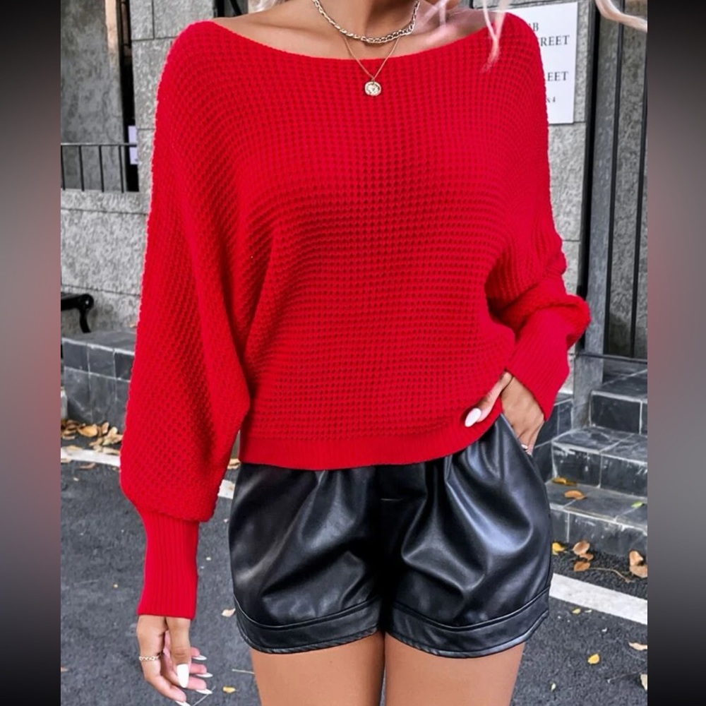 Red off the shoulder sweater